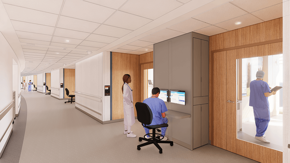 An interior rendering of the UPMC Presbyterian expansion inpatient unit corridor.